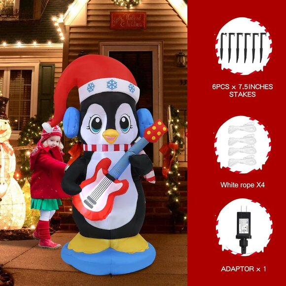 6FT Christmas Inflatable Penguin with Guitar LED Lights for Yard Patio Decor - Picture 5 of 7